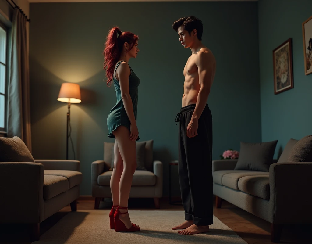 170 cm tall, 24-year-old Caucasian woman with very pale skin, vibrant maroon wavy medium-length layered hair in a high ponytail, fit figure, wearing a sapphire flowy top, dark green suede shorts, black belt, and red high-heel wedge sandals, with a tentative expression. Behind her, a 190 cm tall, 27-year-old lithe man with black wavy bowl cut hair, shirtless, Chinese-Korean-Japanese features, wearing black pajama pants, reaching towards her with an intrigued expression. Scene set in a dark-toned bachelor pad living room. Photorealistic, cinematic.