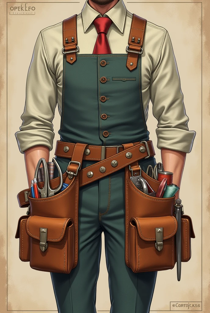 Behave like an expert tailor and generate a tool belt plan with detachable pockets, It is with measurements and annotations.