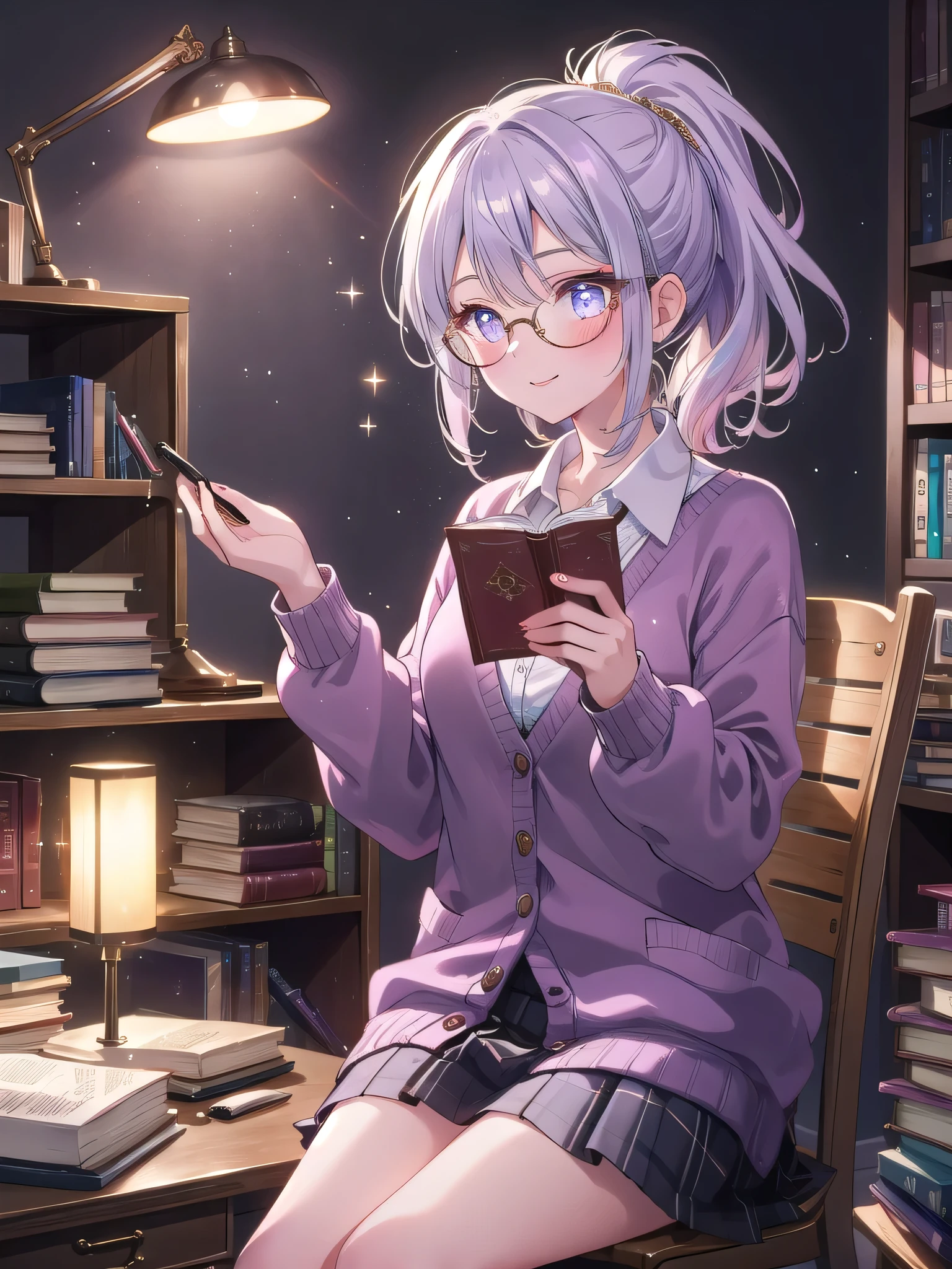 ((8k, Highest quality, masterpiece: 1.3)),Ultra-high resolution,(1 girl, alone), (Color changing eyes, Ultra-detailed, Expressive brilliance, Glitter, Glowing Eyes), Highly detailed eyes, Highly detailed face, Random Hair, ((pastel colour)),A joyful young woman with pastel lavender hair styled into a simple ponytail, sitting at her desk in her softly lit bedroom during a quiet evening. She is dressed in a simple yet subtly sexy librarian cosplay, wearing a fitted cardigan over a blouse, a knee-length skirt, and a pair of reading glasses perched on her nose. The camera captures her from a frontal angle as she smiles gently while holding an open book, her expression full of warmth and knowledge. The room is warmly lit by a desk lamp, with a few stacked books on the desk, a cozy chair in the corner, and a peaceful, scholarly atmosphere.