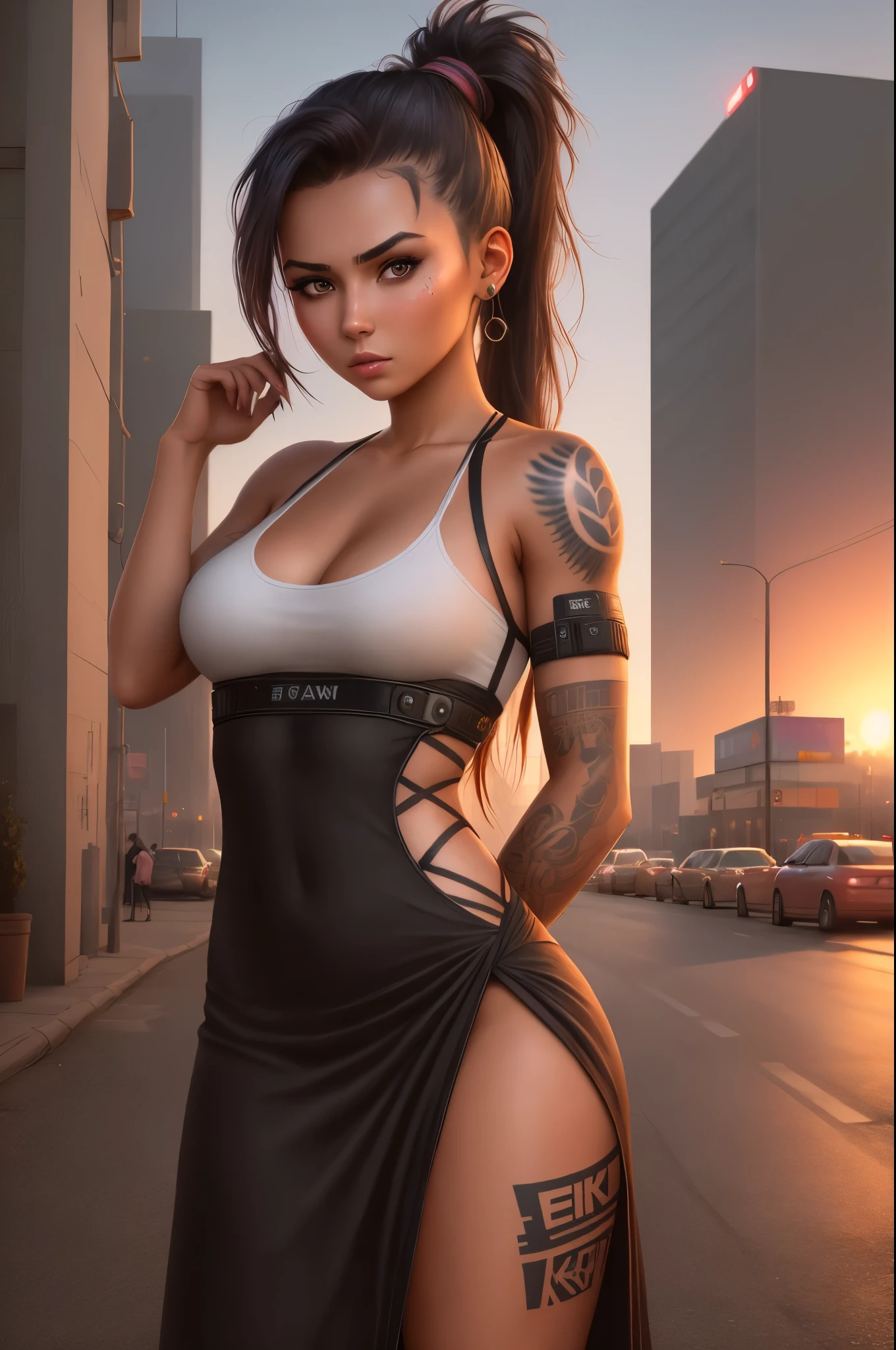 20 year old woman, (More realistic skin texture:1.2), natural skin textur, tanned skin, ponytail hairstyle
(frightened:1.2), kat sweets poses, leaning, sexy photo, Cloth & Dress, (Tattoo), nvinkpunk Detailed cyberpunk city, sunset
lightroom