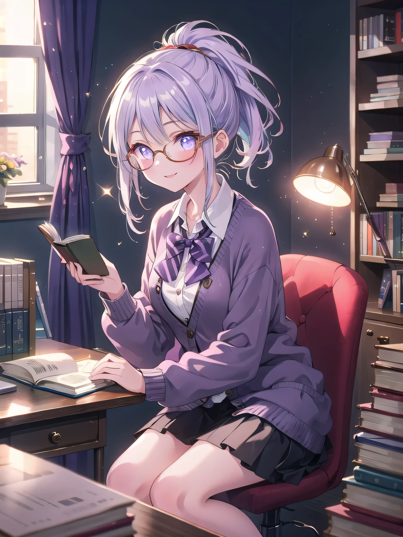 ((8k, Highest quality, masterpiece: 1.3)),Ultra-high resolution,(1 girl, alone), (Color changing eyes, Ultra-detailed, Expressive brilliance, Glitter, Glowing Eyes), Highly detailed eyes, Highly detailed face, Random Hair, ((pastel colour)),A joyful young woman with pastel lavender hair styled into a simple ponytail, sitting at her desk in her softly lit bedroom during a quiet evening. She is dressed in a simple yet subtly sexy librarian cosplay, wearing a fitted cardigan over a blouse, a knee-length skirt, and a pair of reading glasses perched on her nose. The camera captures her from a frontal angle as she smiles gently while holding an open book, her expression full of warmth and knowledge. The room is warmly lit by a desk lamp, with a few stacked books on the desk, a cozy chair in the corner, and a peaceful, scholarly atmosphere.