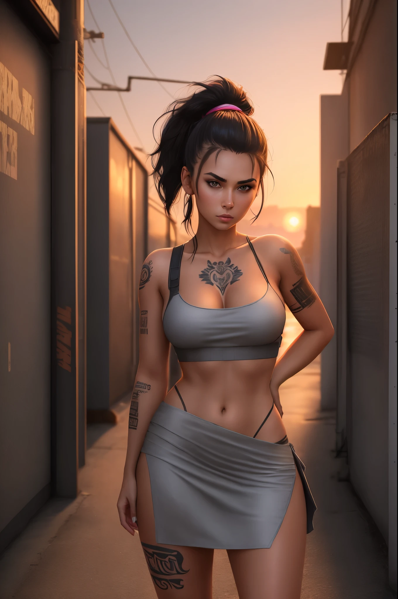 20 year old woman, (More realistic skin texture:1.2), natural skin textur, tanned skin, ponytail hairstyle
(frightened:1.2), kat sweets poses, leaning, sexy photo, Cloth & Dress, (Tattoo), nvinkpunk Detailed cyberpunk city, sunset
lightroom