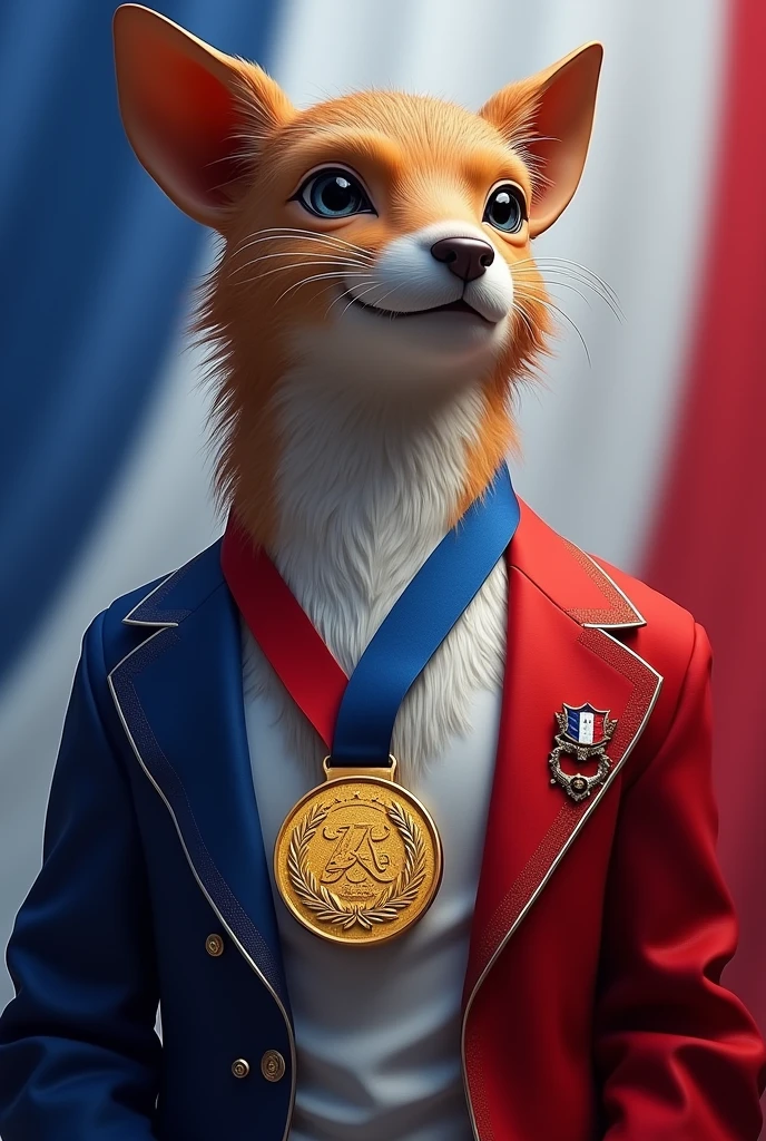 Create a mascot for France, all majestic and refined, elegant to do, wearing the gold medal of the 2024 Paris Olympics around its neck, and the background of the image the colors of the French flag 