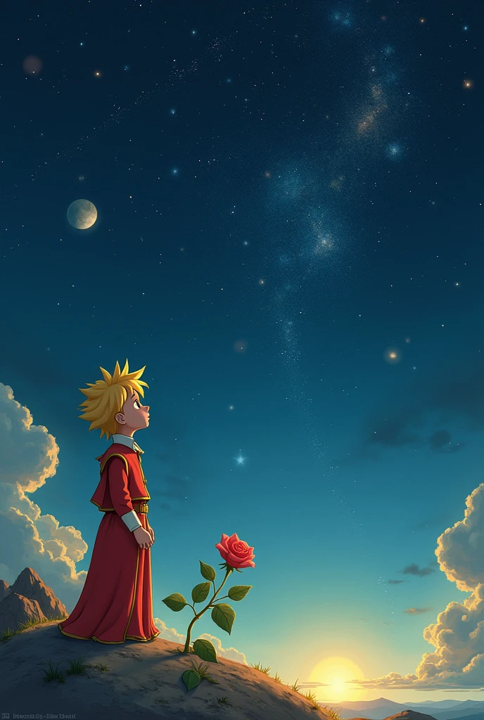 The little prince and his rose on a small planet watching stars and planets