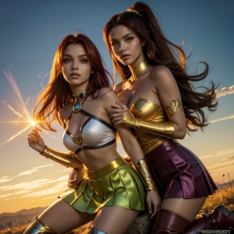 (masterpiece, best quality:1.5), highest quality, High resolution, super detailed, Realists, Full body photo of 18-year-old Starfire from Titans, detailed and beautiful green eyes, beautiful detailed lips, very detailed eyes and face, longeyelashes, additional eyebrows in the forehead area, Beautiful and colorful makeup, Fighting Pose, dark red hair, ponytail hairstyle, orange skin, bright daylight, bright colors, fine brushstrokes, Portrait style, beautiful color palette, glowing skin, First-class rendering, that captures every detail, enchanting atmosphere, (perfect anatomy:1.2), (The two stunning Starfires are wearing a shiny top with shoulder plate., a short pleated skirt and over-the-knee boots.Animated series Teenans 2003, Starfire flies through the air, Energy radiates from their hands. She radiates energy, panoramic view:1.2)