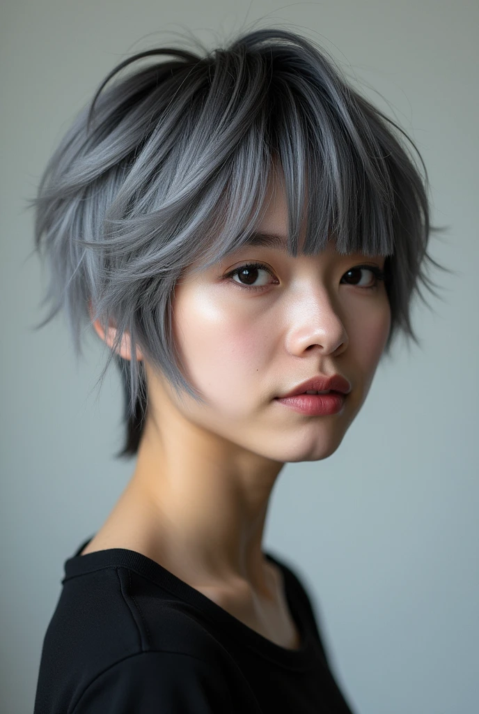 Short layered mullet hairstyle with ash grey ombre