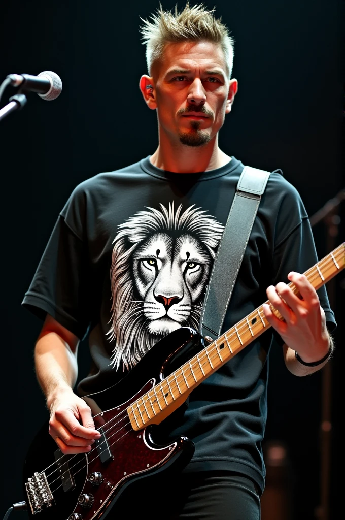 A man with hair in a ruler playing bass with a black shirt with a lion print