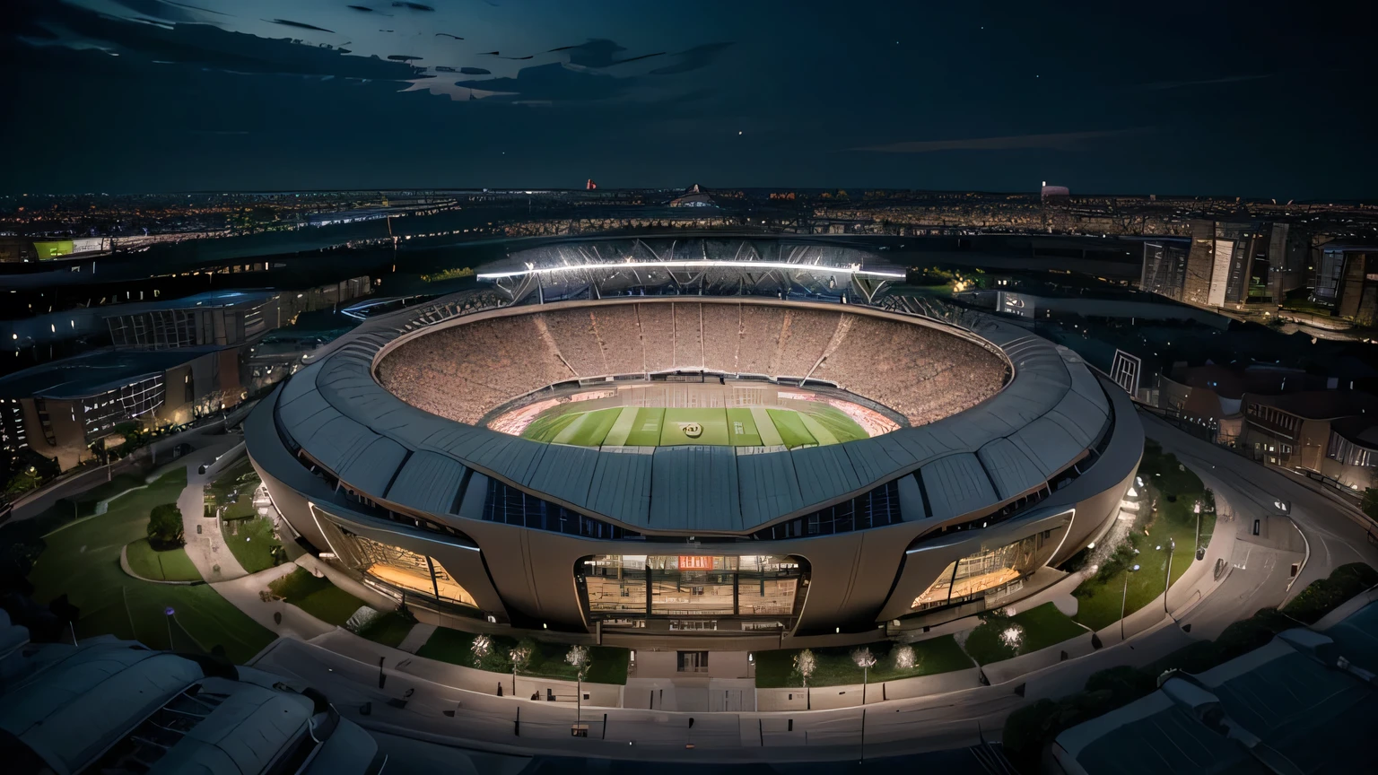Create a detailed dusk-time aerial view rendering of a futuristic stadium with a swirling, organic design that resembles a blooming flower or vortex. The stadium's roof should be composed of multiple elongated, curved elements radiating outward from the central arena, creating a dynamic, spiral pattern. The central arena should be brightly lit, with the seating glowing warmly, and the light should accentuate the flowing lines of the roof structure. Surround the stadium with softly lit pathways, green spaces, and smaller structures, all designed to complement the main stadium's glow. The scene should capture the contrast between the futuristic stadium and a sprawling urban landscape under a darkening sky, 4k.