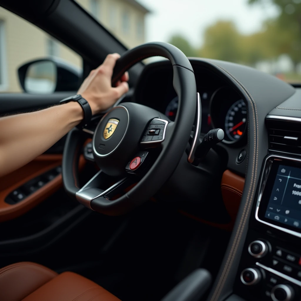 Here are some additional examples in that style:
2. "Generate an ultra-realistic POV shot of a hand gripping the steering wheel of a luxury sports car. The image should emphasize the rich texture of the leather and the subtle shine of the car’s emblem on the wheel. Ensure the background is slightly blurred, focusing entirely on the tactile details of the interior."
3. "Create a hyper-realistic POV image of a luxury car’s door handle being grasped, capturing the smooth metal, the reflection of the surrounding environment, and the seamless integration of the handle into the car's sleek design. The image should highlight the flawless craftsmanship with incredible detail."
4. "Design a detailed POV shot of a person’s hand adjusting the volume on a luxury car’s sound system. The focus should be on the tactile buttons, the high-quality materials, and the subtle reflections on the polished surfaces, all under soft, natural lighting."