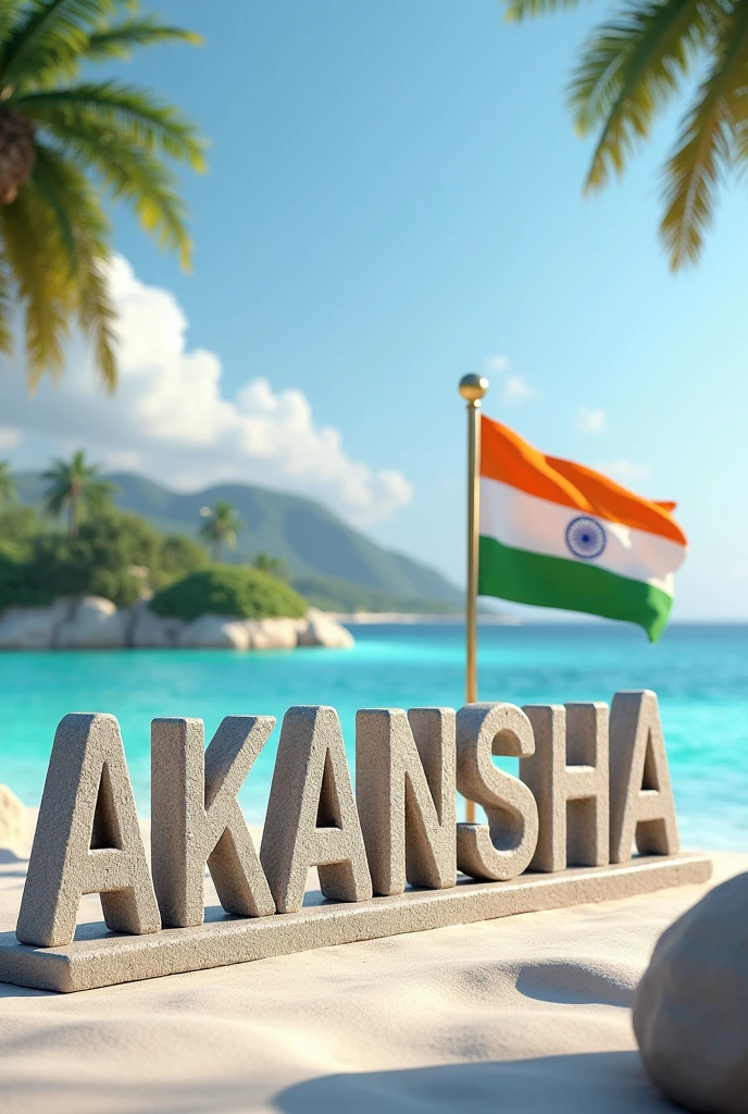 :- Name “AKANSHA” real 3D sea Island background with big Indian flag , stone text capital big aroplane, stone peal. stylish in front 3D rendering, typography, 3d render, 