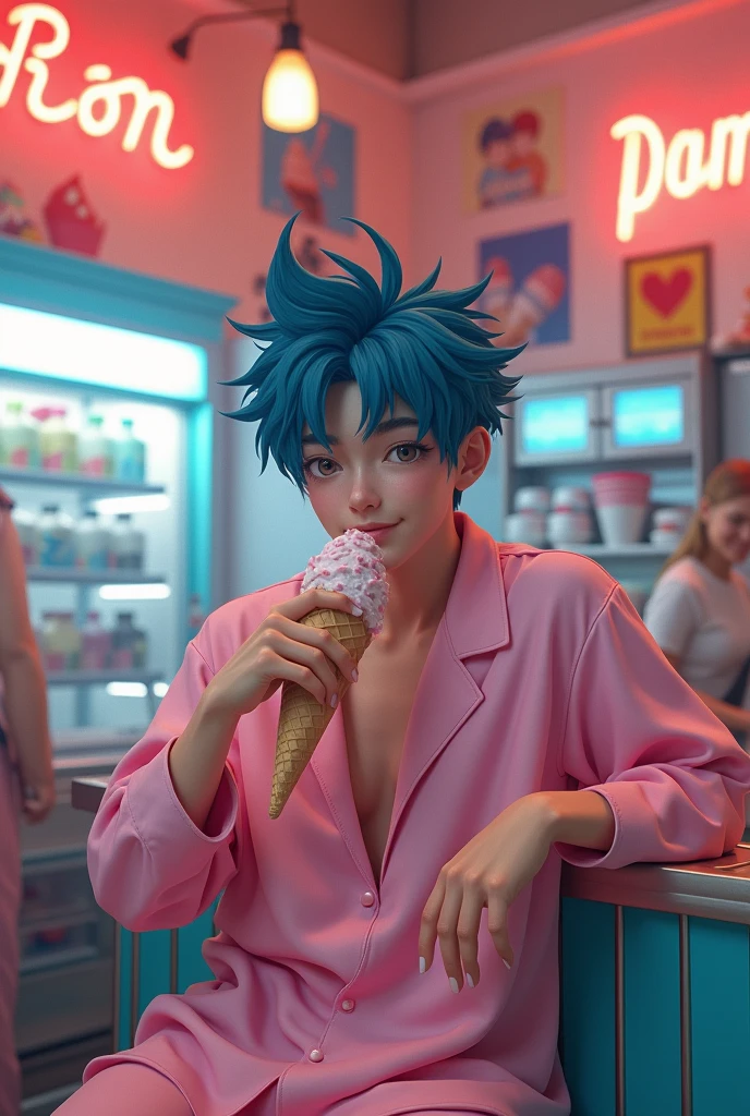 Make a man with dark blue hair, He wears a kind of pink women's pajamas, Make his hair like those anime characters, Make him go to the ice cream parlor