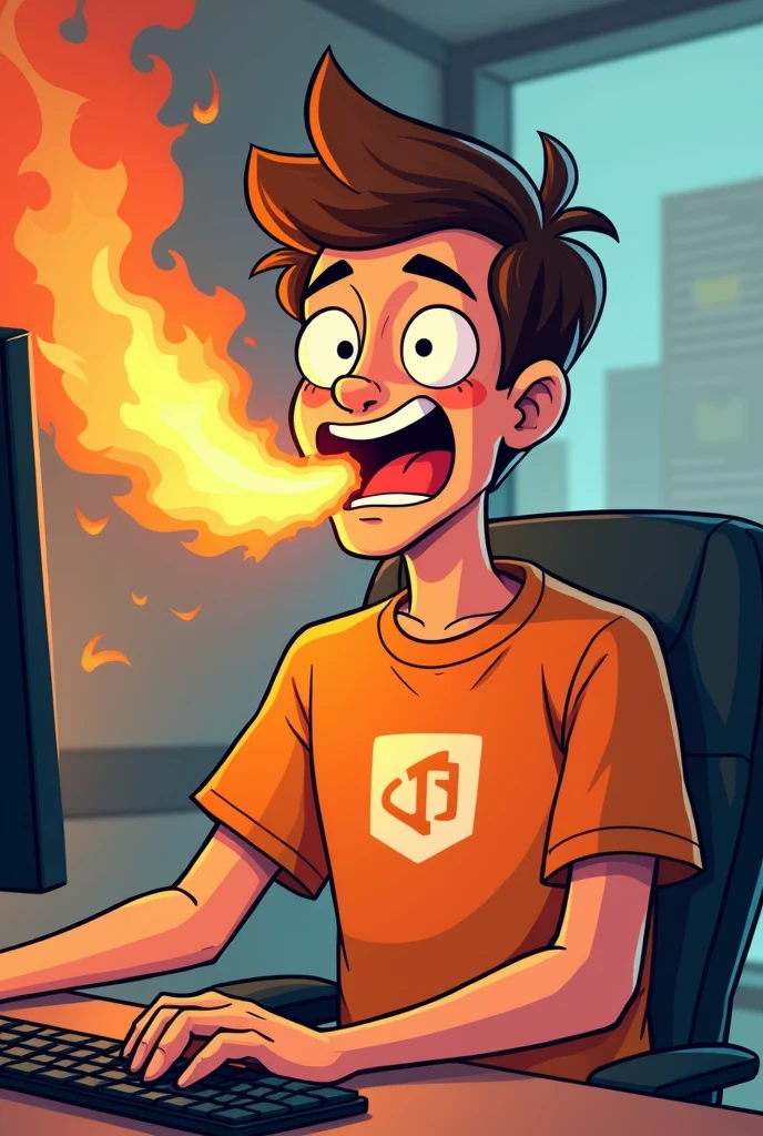Spicy programmer in a cartoon where the programmer has fire coming out of his mouth or from the impression that he ate something spicy. The programmer has a shirt with a code logo of some programming symbol.