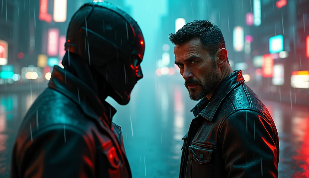 "A hyperrealistic image of a rugged man in his mid-30s with intense green eyes and a weathered leather jacket, standing on the edge of a rain-soaked rooftop in a neon-lit city. Rain drips down his face as he prepares for a showdown with a masked mercenary wielding a katana. The mercenary's dark visor reflects the vibrant neon lights of the towering skyscrapers around them. The atmosphere is tense, with dramatic lighting and reflections creating a film noir mood. High-quality details in the rain, the reflections, and the characters' expressions are crucial."