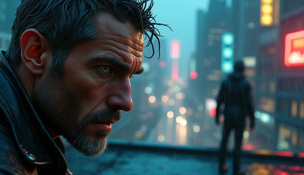 "A hyperrealistic image of a rugged man in his mid-30s with intense green eyes and a weathered leather jacket, standing on the edge of a rain-soaked rooftop in a neon-lit city. Rain drips down his face as he prepares for a showdown with a masked mercenary wielding a katana. The mercenary's dark visor reflects the vibrant neon lights of the towering skyscrapers around them. The atmosphere is tense, with dramatic lighting and reflections creating a film noir mood. High-quality details in the rain, the reflections, and the characters' expressions are crucial."