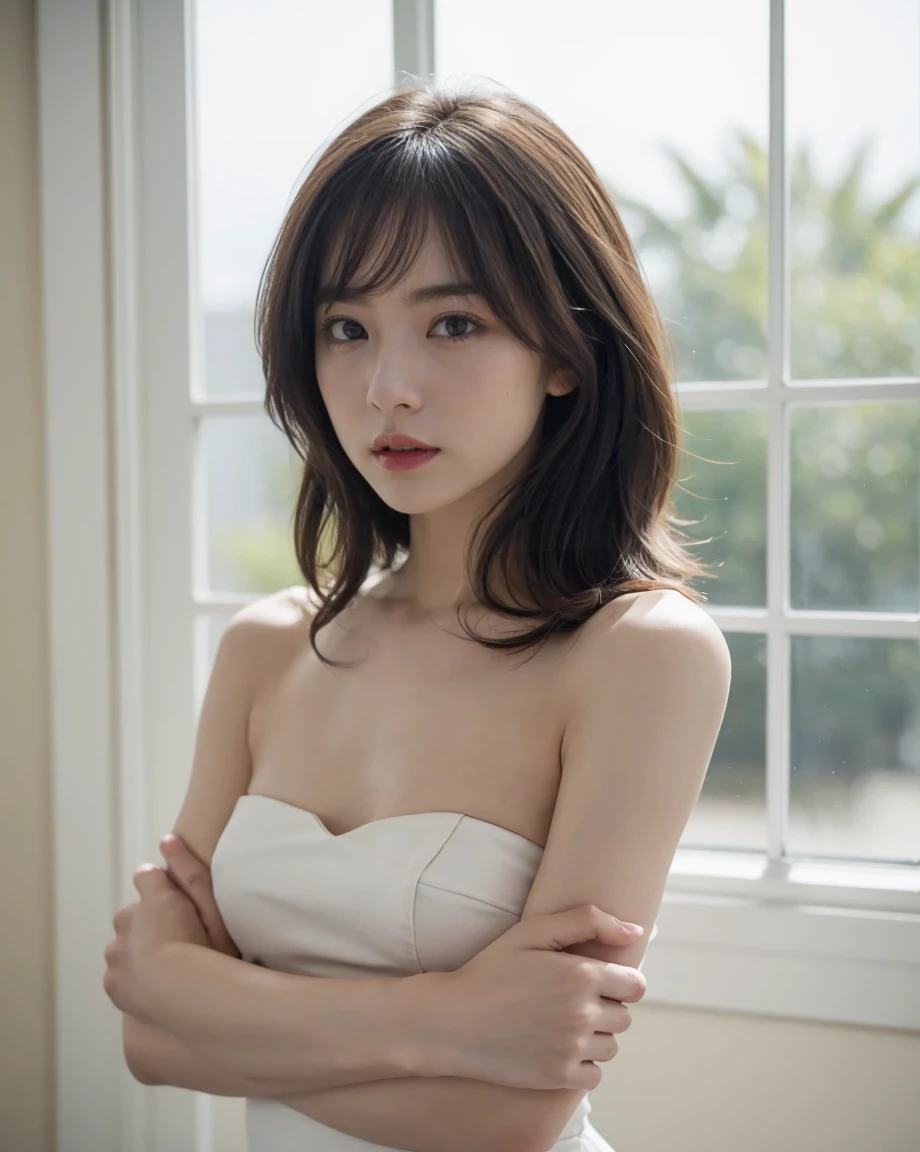 (Highest quality, masterpiece, Natural light: 1.0), (Side view: 0.0), (Cowboy Shot: 0.0), (Upper Body: 1.5), (Close-up: 0.3), Portrait, Cinematic lighting, shine, Ray Tracing, reflected light, f135mm, uhd, correct, Skin Texture, Super Detail, high resolution, Highest quality, 8k, (Surreal: 1. 2), BREAK, (Japanese: 1.0), (Age 25: 1.2), (Small breasts: 1.3), (Large, narrow eyes: 1.4), (Natural and realistic eyes: 1.7), (light-colored pupils: 1.7), (Height: 160cm: 1.2), (Transparent white skin: 1.2), (With bangs、Bright pink curly hair: 1. 5)、(Dark eyeshadow makeup:1.4)、BREAK、(small chest:2.7),(きれいなThe right moveを見せる:1.0)、(Leaning forward:0.0)、(Cross your arms:0.0)、Sexy pose、(Put your hand on your cheek:0.0)、(Raise your arms:0.0)、(Raise one arm:0)、(Raising one elbow:0.0)、(With bangs明るいピンクのショートカーリーヘア:2.3)、(Dark eyeshadow makeup:1.4)、 BREAK、 (The right move:1.5)、(Right fingertips:1.5)、Sexy pose、(Put your hand on your cheek:0.0)、(Raise your arms:1.5)、(Raise one arm:0.0)、 BREAK、 (Big white headphones:1.4)、(Wearing a strapless dress with a dark yellow and white print:1.3)、 BREAK、 Futuristic interior with a large white framed window on the first floor facing front、Clear blue sky、noon、