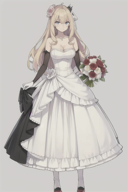 Kongo \(warship girls r\),((masterpiece)),(((best quality))),((ultra-detailed)),((illustration)),((disheveled hair)),((frills)),(1 girl),(solo),1girl,animal,bangs,bare shoulders,black dress,black flower,black footwear,black legwear,black ribbon,black rose,blood,bouquet,,camellia,cat,cleavag mouth,clothed animal,collarbone,dog,dress,elbow gloves,flower,full body,garter straps,gloves,gradient,,hair flower,hair ornament,high heels,holding bouquet,holding flower,jewelry,long hair,looking at viewer,medium breasts,orange eyerose,pubic tattoo,purple rose,red flower,red rose,rose,rose petals,rose print,shoes,solo,spider lily,spot color,standing,strapless,strapless dress,stuffed animal,stuffed toy,thighhighs,thorns,long hair,white cat,white rose,Black wedding dress,long wedding dress,Blue eyes with highlights,blonde long hair(delicate eyes),
