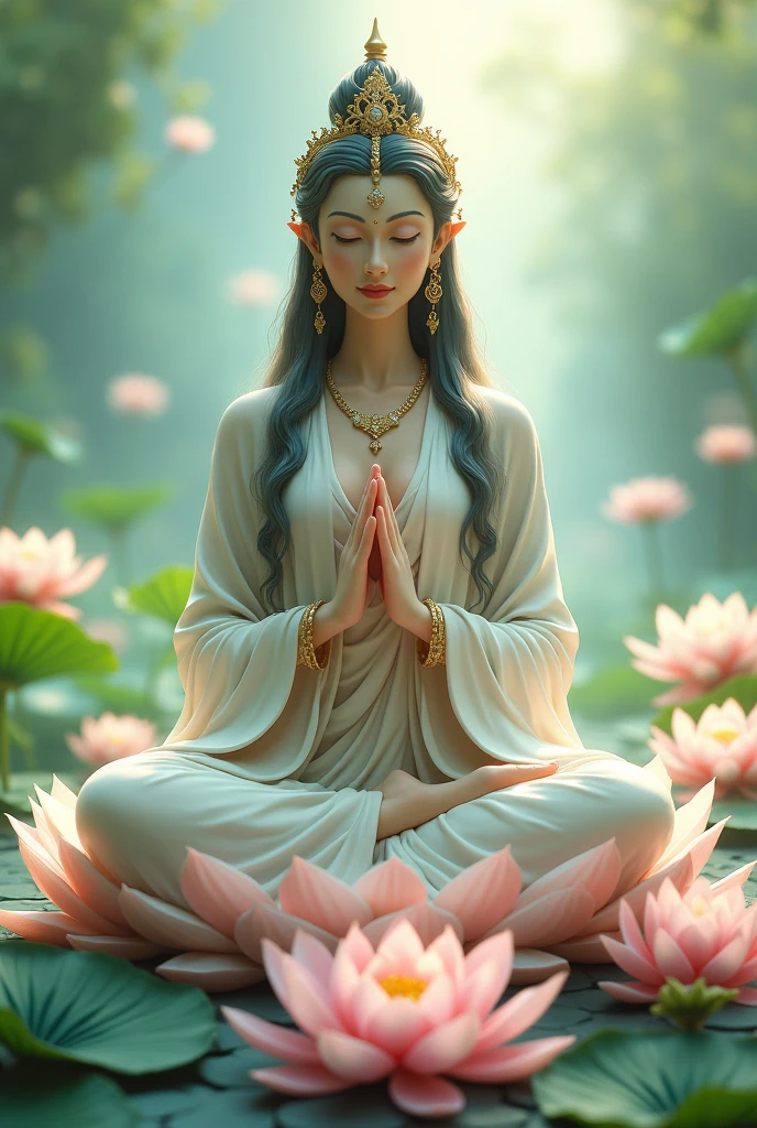 Tara :
- A serene goddess with a calming presence, often depicted with a gentle smile. She can be shown sitting on a lotus or a throne, surrounded by lotus flowers, with a soft green or blue background, symbolizing compassion and protection. In dall e-3 style