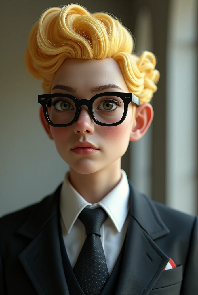 Blonde、Hairstyle is divided into 73 parts、Wearing glasses、In a suit、