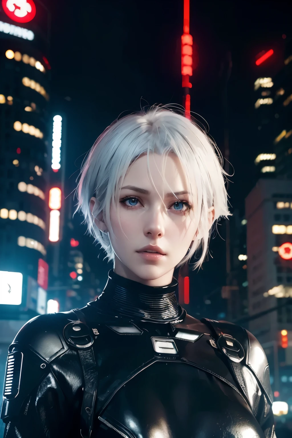 a woman, cyberpunk, Short hair, red eyes, gray hair, masterpiece, best quality, in the street, Huge building, Futuristic attire, Jill Valentine, realistic, perfect face