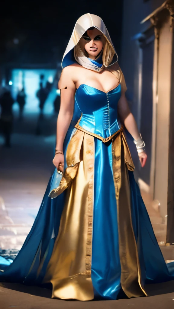 A full-body shot of Princess Zelda, brown hair, blue eyes, dressed as an Assassin from Assassins Creed, in white+gold witha white mask and hood with gold details, XL bust, using a wrist blade. Background: A city during the renaissance period. Unreal Engine 5, Anime, Anime style, Masterpiece, Well drawn eyes, well drawn face, well detailed eyes, well detailed face, 8k, light and shadow effect.