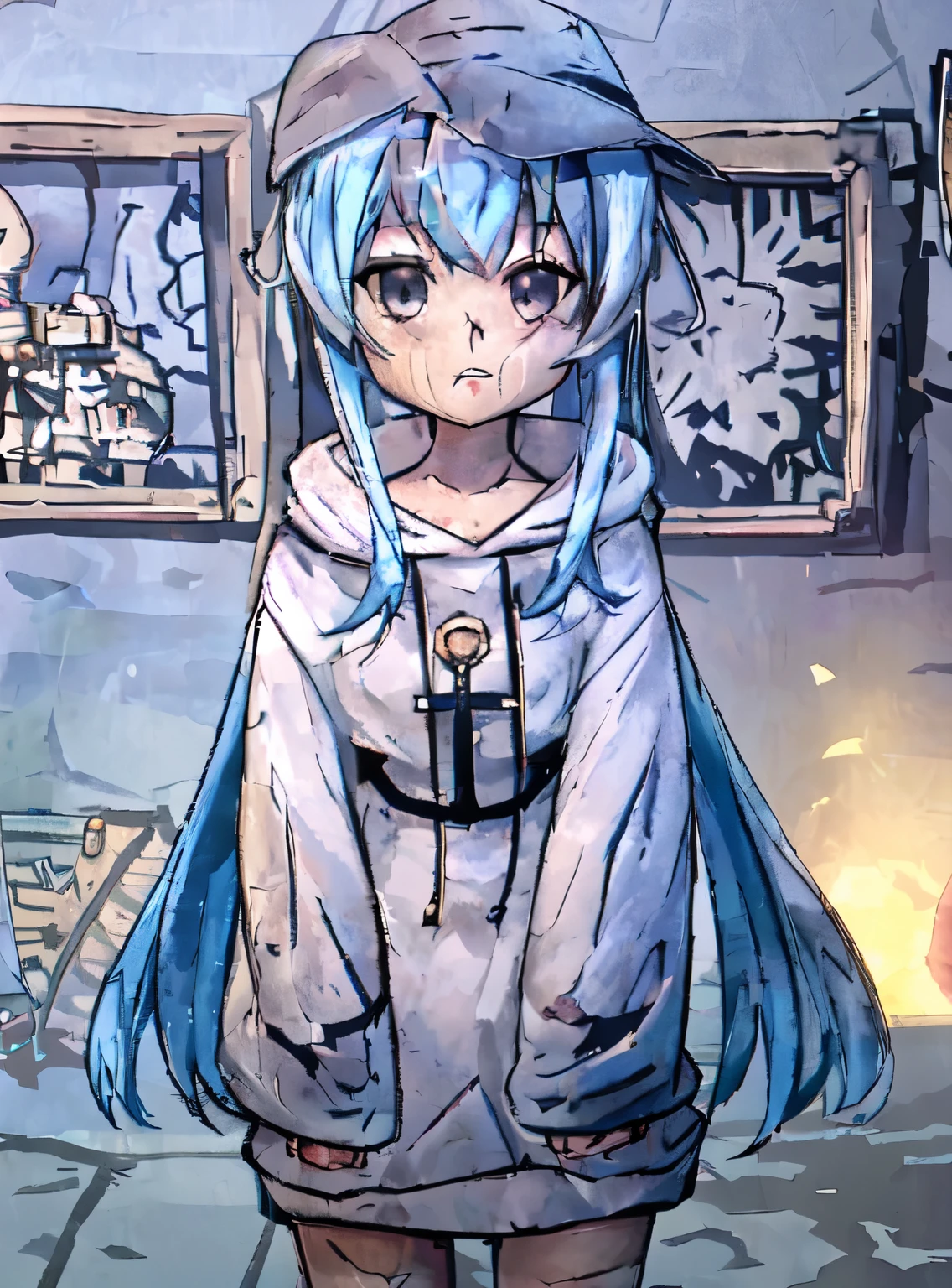 anime girl with blue hair wearing a white hoodie and a black hat, in a hoodie, anime moe artstyle, kantai collection style, cute anime girl, an anime girl, ahegao, anime best girl, cute character, 2 d anime style, white haired deity, mikudayo, anime girl named lucy, pretty anime girl, darkest dungeon, darkest dungeon style