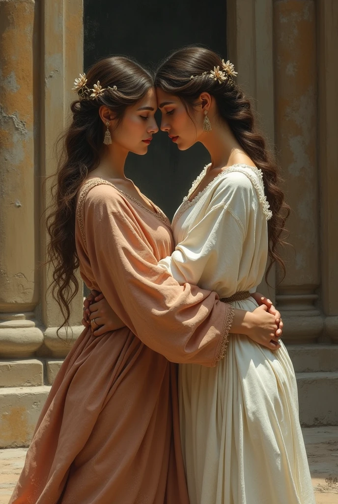 Two women in ancient attire embrace each other..5