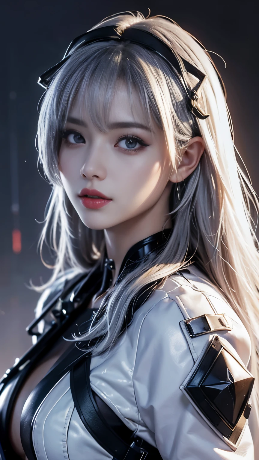 masterpiece、high quality、High resolution、high resolution, Silver Hair, Japanese Chest、,(Fluorescent cyberpunk costume) , night .Degrees of Freedom:1.8、Super big breasts:1.8、Long sleeve、Beautiful symmetrical face、Small future headgear、Hyper Detail、Octane Rendering、超A high resolution、8k、Upper Body、red、white、Realistic textured face and skin、redいマント、Bend、squat、front、Look this way、Thick lips:1.5、Black lipstick:1.5、