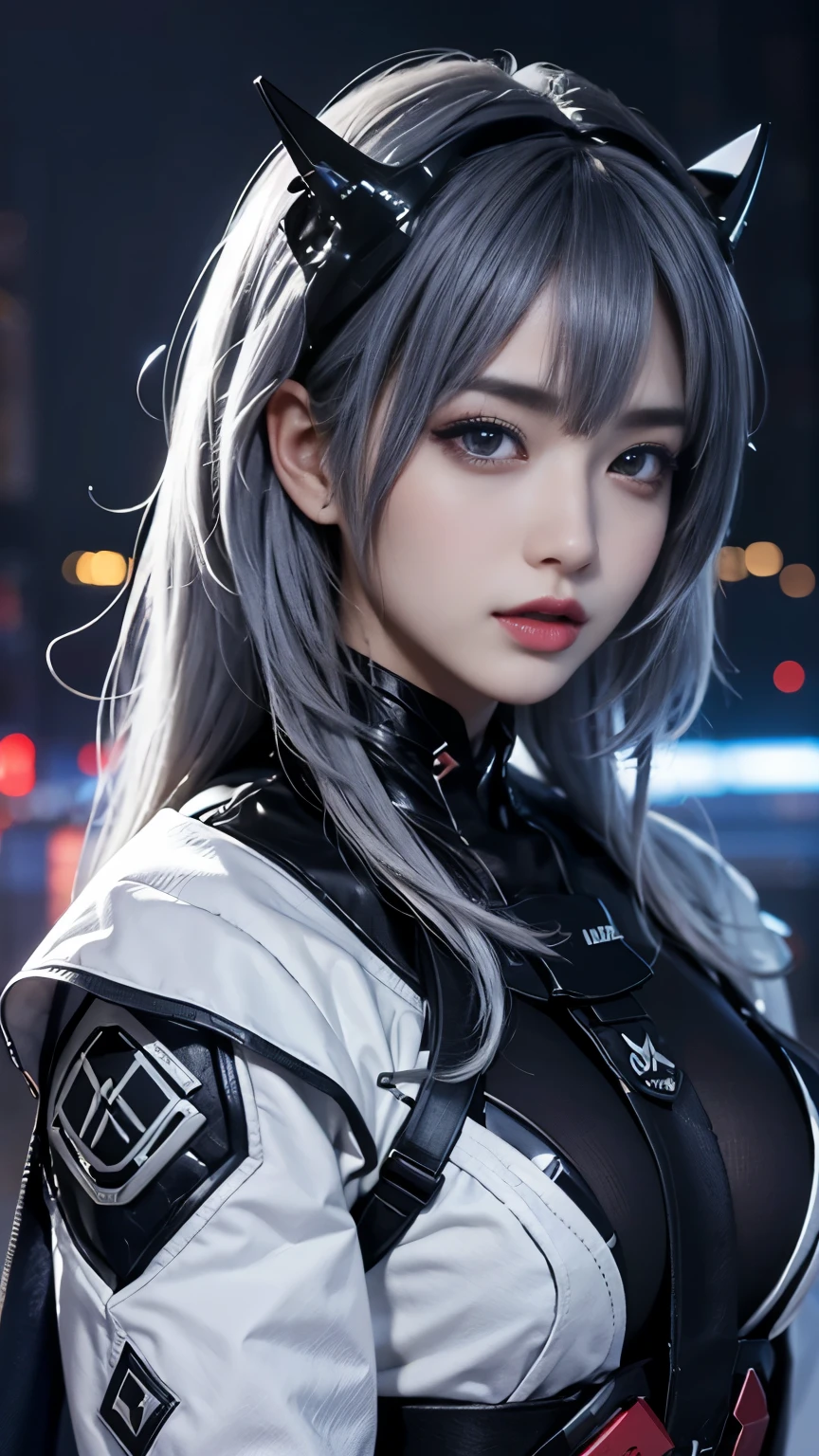 masterpiece、high quality、High resolution、high resolution, Silver Hair, Japanese Chest、,(Fluorescent cyberpunk costume) , night .Degrees of Freedom:1.8、Super big breasts:1.8、Long sleeve、Beautiful symmetrical face、Small future headgear、Hyper Detail、Octane Rendering、超A high resolution、8k、Upper Body、red、white、Realistic textured face and skin、redいマント、Bend、squat、front、Look this way、Thick lips:1.5、Black lipstick:1.5、