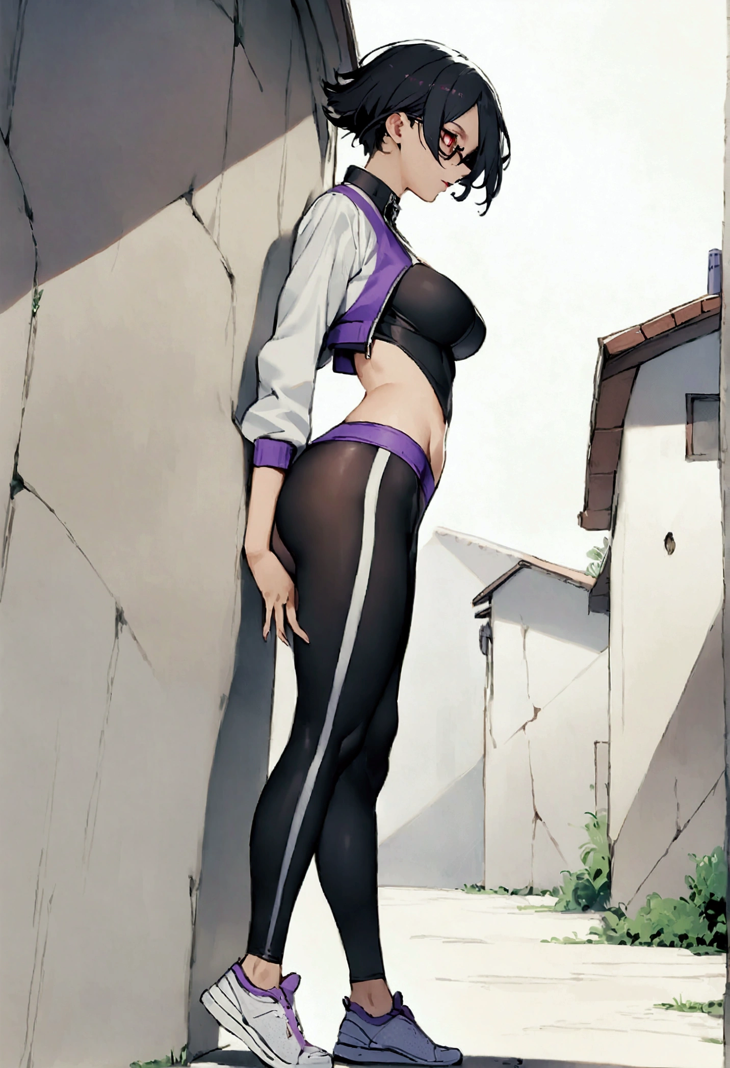 standing,alone,leaning against a broken wall,short hair,work of art,face detailed,beautiful young fitness woman with , in a gym wearing May with black pantyhose, white and purple tight short gym jacket. standing alone,red eyes glowing,Evil smile,legging preto ,labiaa,dark eye shadow,shining eyes,a hand leaning against the wall,neckleace,jacket zipper half open,Tight black shirt,white sports tennis shoes,short hair with purple details,beautiful curves,whole body,hair with purple details,labiaa,detailed face and eyes,work of art,sexy look,pefil from sideways,from sideways,wind in your hair,fully body,glasses on eyes,Raby tempestade,cloudy
wall,portra,Raby