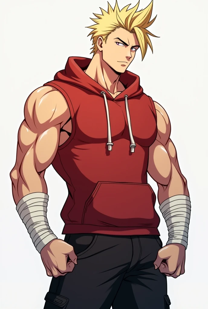 Male anime character athletic physique red sleeveless sweatshirt outfit with hoods arms a thin white bands that envelop both forearms and the palms of the hands leaving only the fingers sample black cargo pants Slightly long blond hair With a pompadour With a back parting to the right side thick and spiky bangs divided in the center Sine dominant the left side of the bangs with more and longer strands and on the right side shorter strands