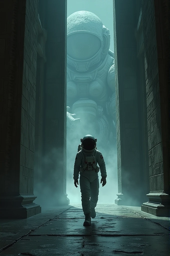 The astronaut stepped inside the dark, ancient building, The massive door closed behind him by itself. The sound of mysterious footsteps grew closer, But the astronaut didn't notice.