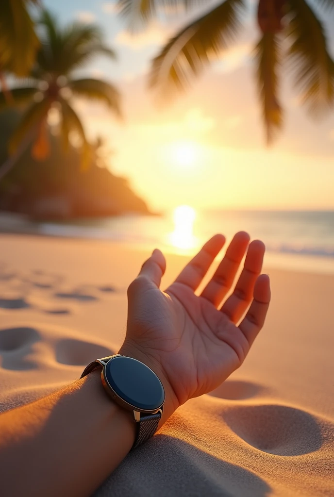 Beach palm trees relax sunrise playing filtering sands through hand no ladies only hand hand in side samsung smart watch in wrist