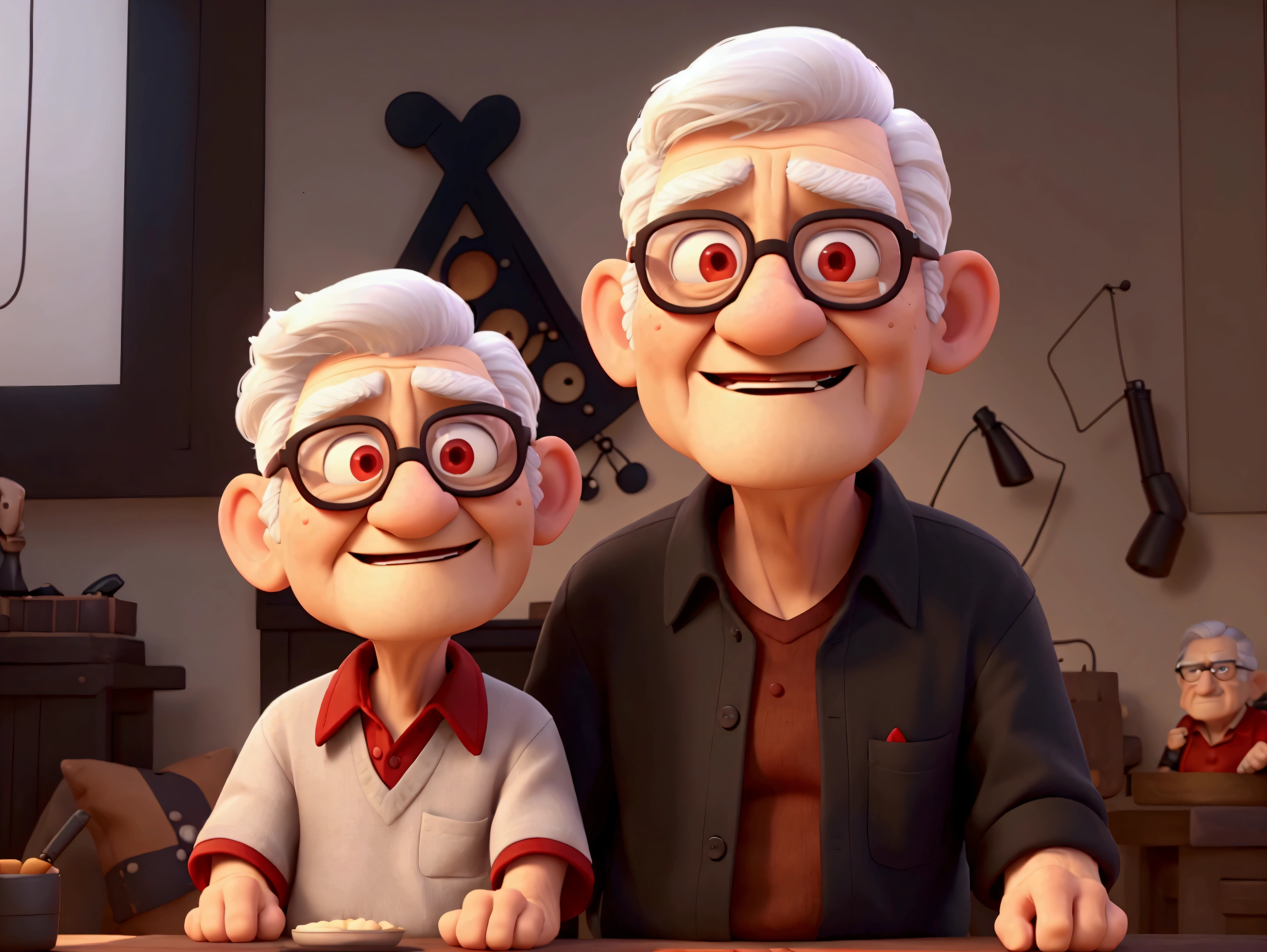 Only one 92 year old man with white hair, black glasses, wearing a red shirt and black shorts, red cap, don't change the detailed face and expression, cartoon pixar, 8k, ultra-detailed, masterpiece, cinematic lighting, natural skin tones , realistic fabric textures, dramatic shadows and highlights, brown eyes