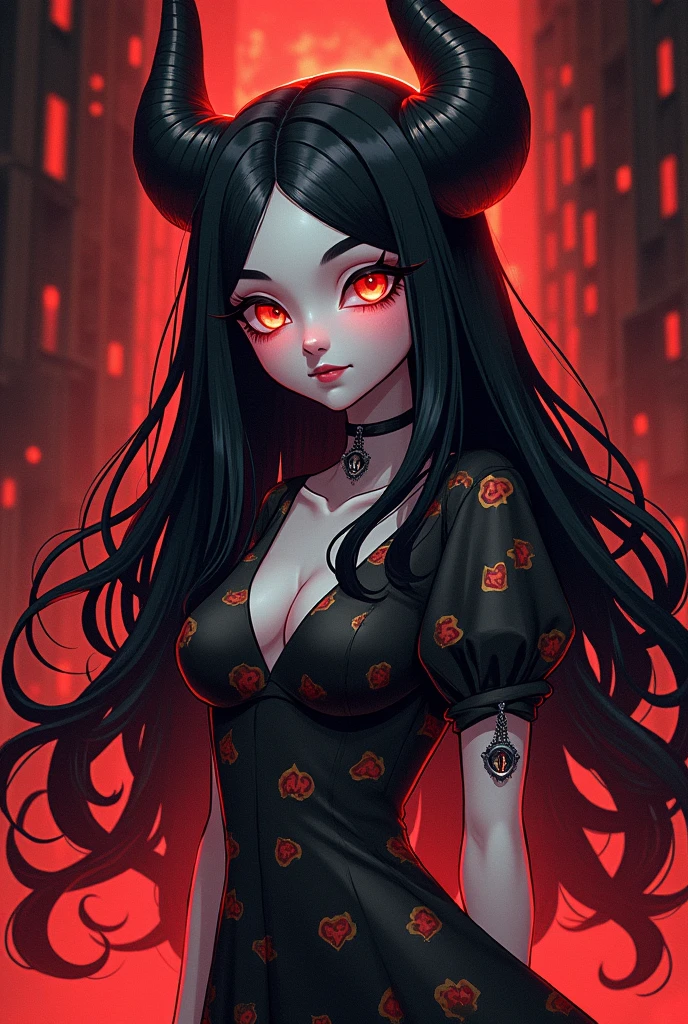 In Hell, Olivia appears with long, flowing black hair that shimmers like her favorite color and her skin white as snow. Her attire consists of a stylish yet cozy dress adorned with lynx patterns. She has warm, inviting eyes that radiate kindness, in Hazbin Hotel drawing style.