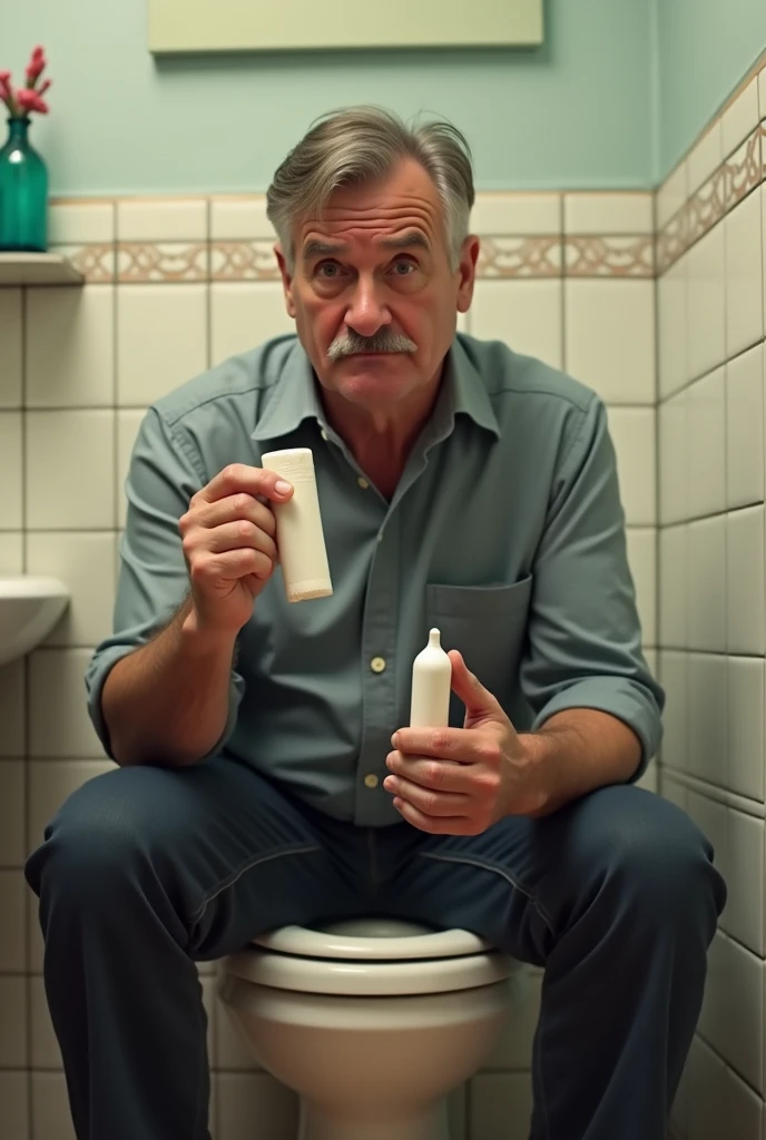Dad sitting on toilet holding a tampon