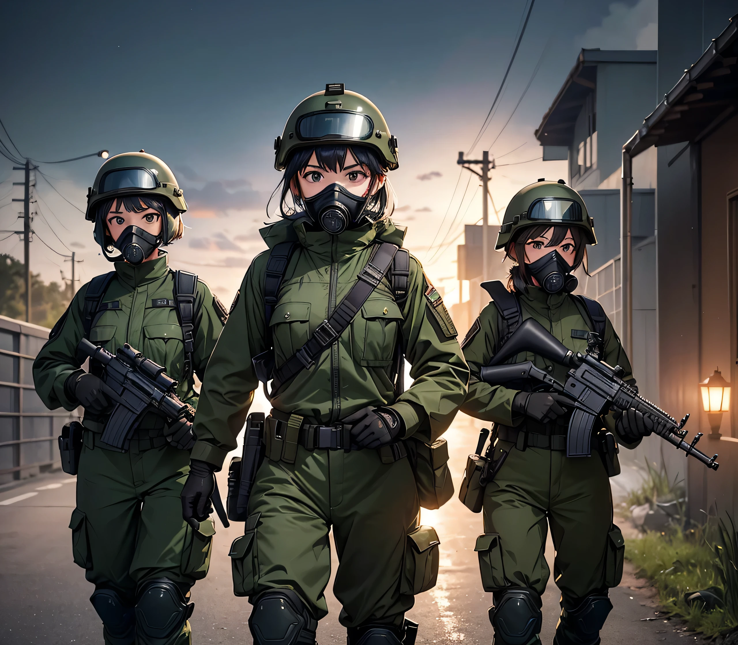 A group of female soldiers patrolling at night、All wearing dark green M-51 military uniforms、Wear a steel helmet、Wear goggles、wearing gas masks、Military Pants、Knee pads、Write details、masterpiece、best quality、Highly detailed CG、8K quality