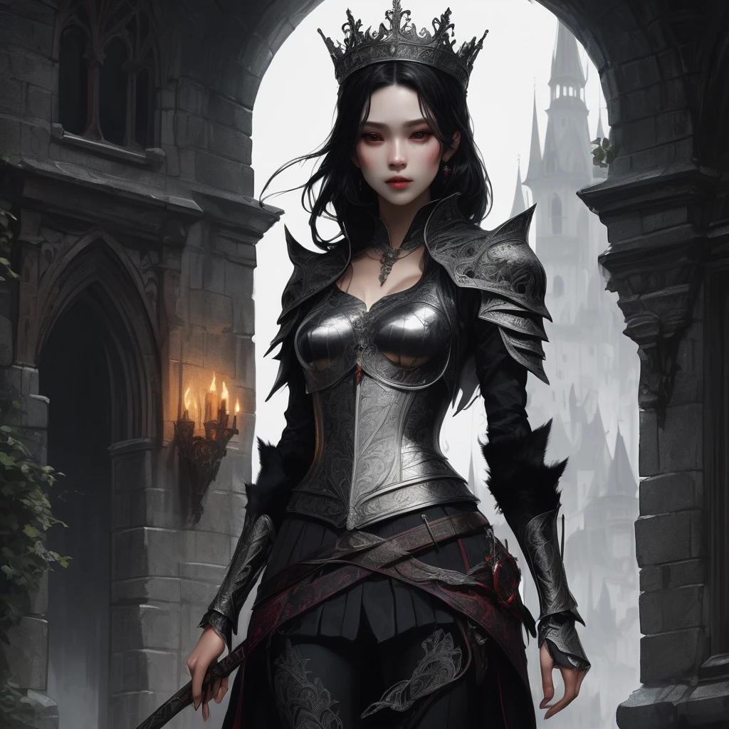 Gothic, vampires, fur armor, castle, black hair, young face, smile, female character, high detail of objects, gloomy environment, horror style,Heavy steel armor with a skull on the chest, with black inserts on the arms, and bake in a scabbard on the right hip, full height, torch in hand, crown of thorns on the head, location forest, gloomy lighting