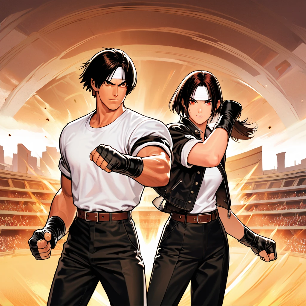 Masterpiece, 2 people, man and woman before fight, one on one, best quality, 8K, smirking, fighting pose, fight: 1.5,(Kyo Kusanagi), man has dark skin, dark hair, red eyes, alone, ((white headband)) two shots, (rolled up arms) black rider jacket, fingerless gloves, black hair, white t-shirt , black pants, white shoes, brown belt, boyish, handsome, shot, charming, masterpiece, high quality, fine face, grainy, morning, confident smile, men and women fighting with Arles amphitheater in background, loud cheers, same hair, same hair and clothes, angry face: 1. attack speed 5, fast attack, angry face, angry face