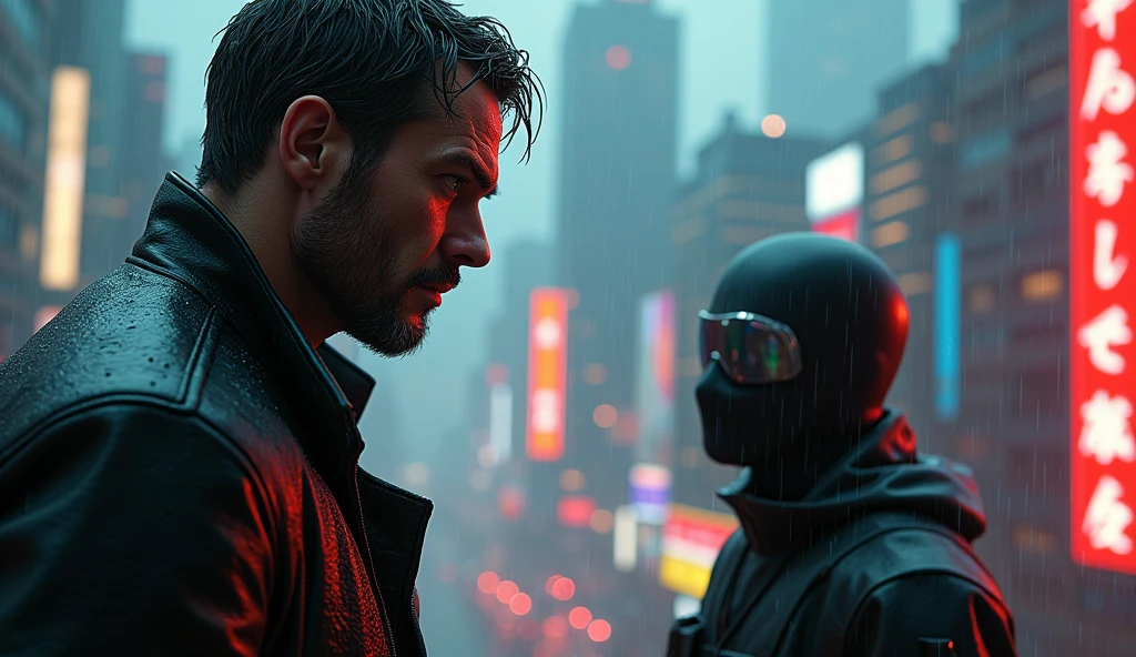 Visuals: A close-up shot reveals the protagonist standing on the edge of a rain-soaked rooftop, his back against the wall. His green eyes scan the surroundings as the rain drips down his face. The camera then pulls back to reveal the city skyline, with towering skyscrapers illuminated by neon signs and billboards. Suddenly, one of the mercenaries lands on the rooftop in front of him, their dark visor reflecting the neon lights. Both prepare for a showdown.
Action: The protagonist pulls out a sleek black knife from his belt, while the mercenary unsheathes a katana. They circle each other, the tension palpable.
Prompt: "A hyperrealistic image of a rugged man in his mid-30s with intense green eyes and a weathered leather jacket, standing on the edge of a rain-soaked rooftop in a neon-lit city. Rain drips down his face as he prepares for a showdown with a masked mercenary wielding a katana. The mercenary's dark visor reflects the vibrant neon lights of the towering skyscrapers around them. The atmosphere is tense, with dramatic lighting and reflections creating a film noir mood. High-quality details in the rain, the reflections, and the characters' expressions are crucial."