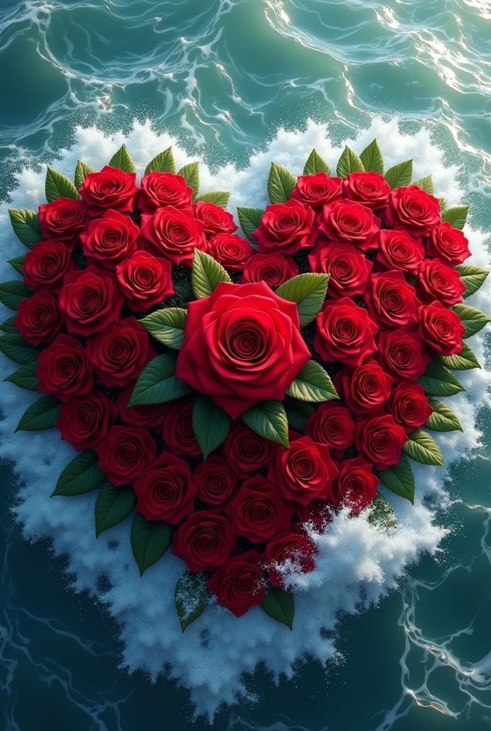 Bookey of 50 red roses in love shape in a ocean with sea foam also there should be a big rose with some leafes in the lower middle in the heart of the bookey also Write a Word 𝐊𝐡𝐚𝐝𝐢𝐣𝐚 in the middle of the heart