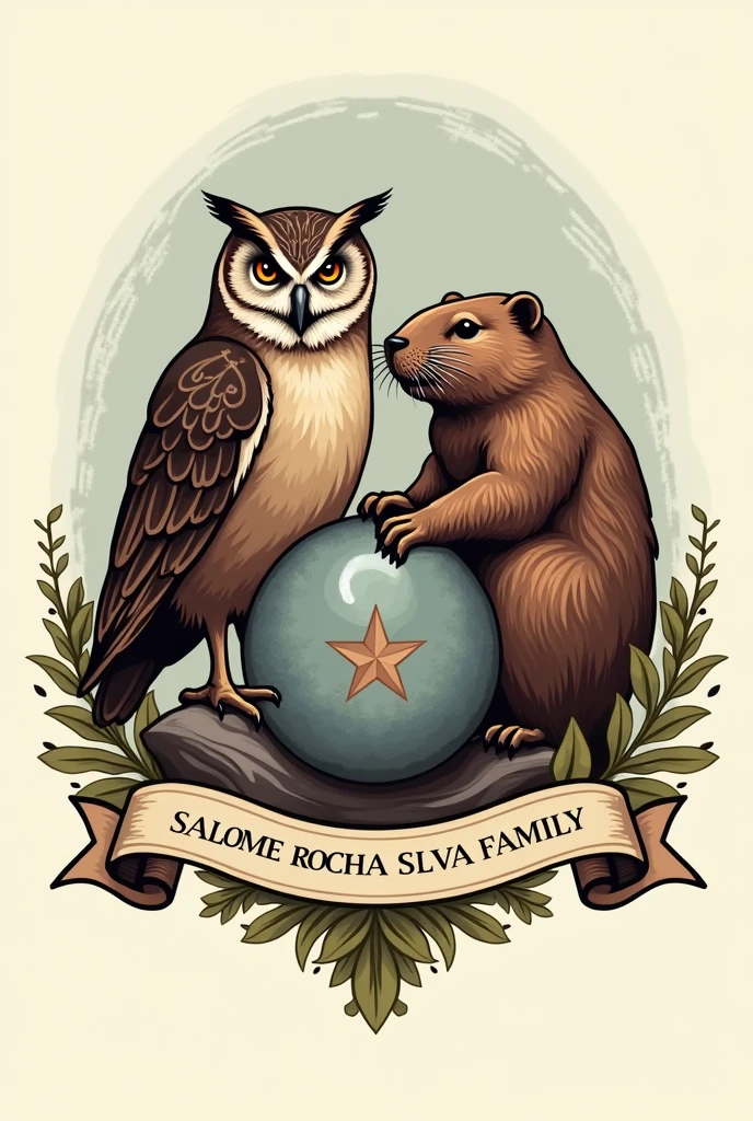 Simple family crest with an owl representing wisdom and intelligence associated with the pedagogy profession and a beaver for civil engineering with a ribbon saying SALOMÉ ROCHA SILVA FAMILY