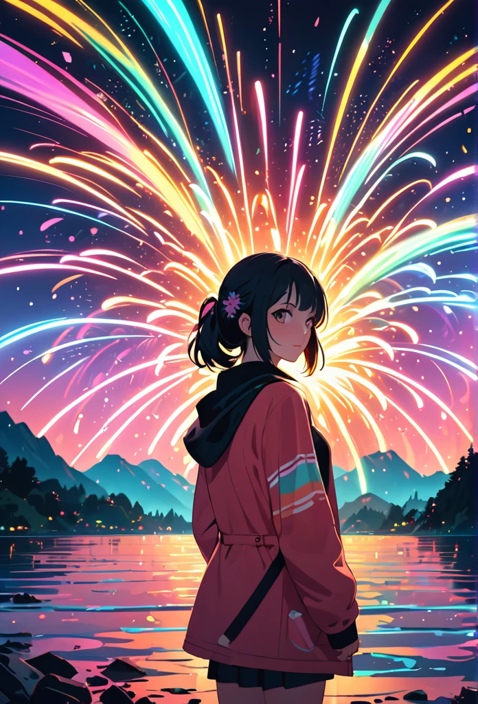 a woman standing in front of a painting of fireworks, dreamy psychedelic anime, magical sparks, anime art wallpaper 4k, anime art wallpaper 4 k, anime vibes, anime art wallpaper 8 k, anime style mixed with fujifilm, anime abstract art, by Liam Wong, lofi artstyle, colorful anime movie background, lo-fi art