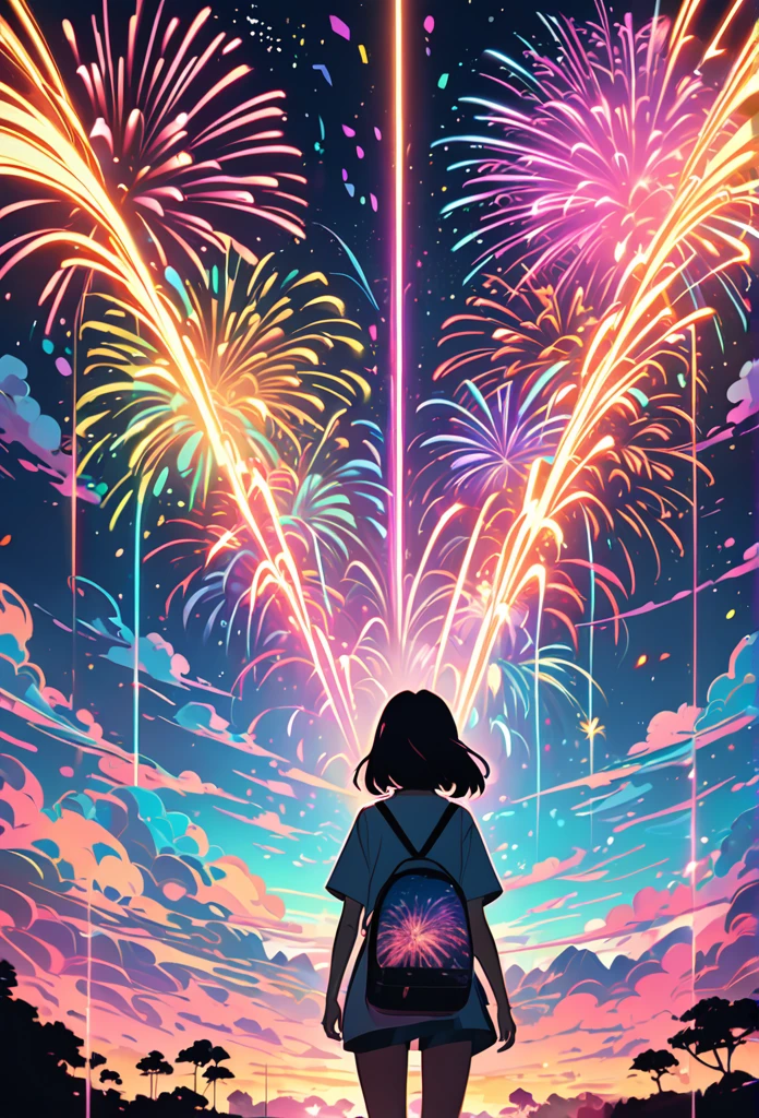 a woman standing in front of a painting of fireworks, dreamy psychedelic anime, magical sparks, anime art wallpaper 4k, anime art wallpaper 4 k, anime vibes, anime art wallpaper 8 k, anime style mixed with fujifilm, anime abstract art, by Liam Wong, lofi artstyle, colorful anime movie background, lo-fi art