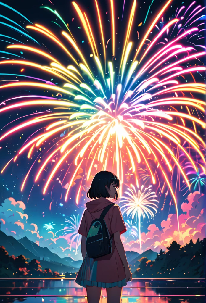 a woman standing in front of a painting of fireworks, dreamy psychedelic anime, magical sparks, anime art wallpaper 4k, anime art wallpaper 4 k, anime vibes, anime art wallpaper 8 k, anime style mixed with fujifilm, anime abstract art, by Liam Wong, lofi artstyle, colorful anime movie background, lo-fi art