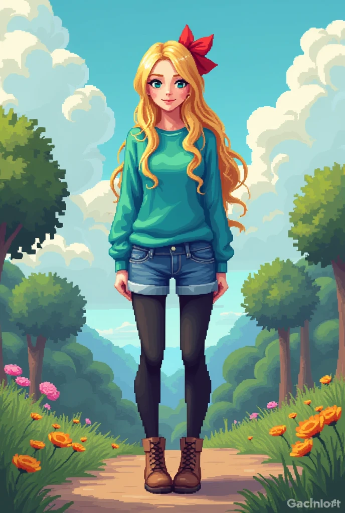 Create a with a red ribbon tied in a bow in her hair, blonde, long hair, a cyan sweater, denim shorts, black leggings on her legs and brown boots, all in a pixelated style like a retro video game