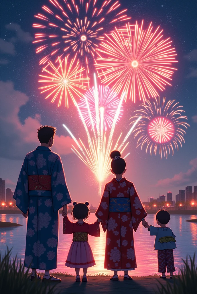 Ocean firework river A father and mother wearing Yosakoi costumes, with two small children.