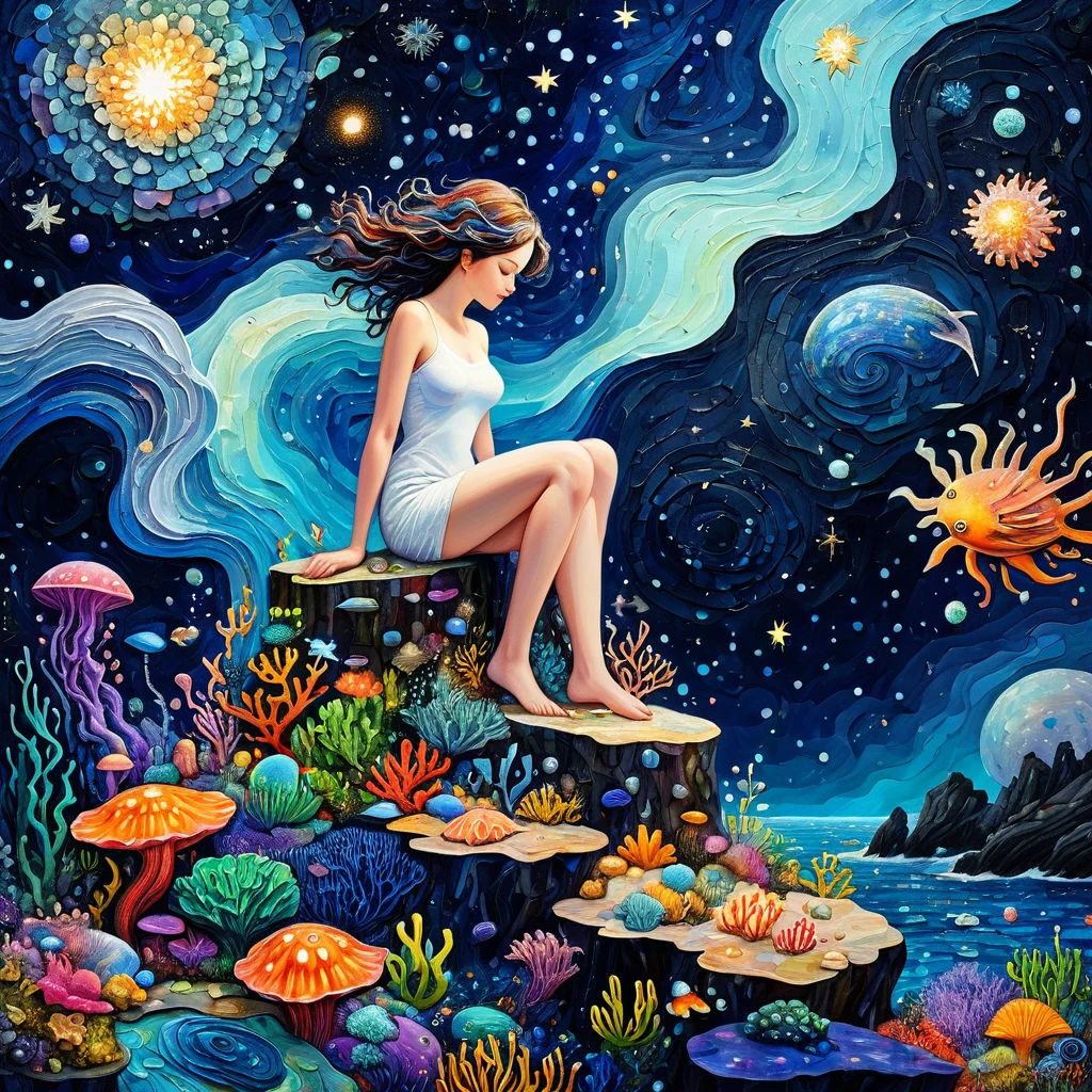 Impasto oil painting,Stacked textures,texture,Light and Shade:microorganism、plantar、Marine life、beautfull woman、starry sky,Stitching an abstract painting,Describing the inner world of autistic people,3D spatial sense,Blank space,interesting,Innocence,psychedelic art,Strong contrast between light and dark