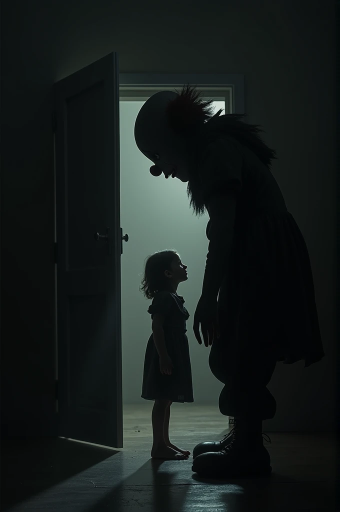 I want you to make a 12-13 year old child, she is looking at a big clown,a little bigger than an adult, This clown is all black,completely dark without any face, he is looking at the child, behind the child there is a door, and this room is extremely dark