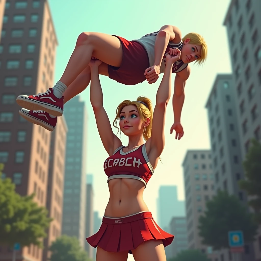Beautiful Girl lifting a man high over her head with her strong arms. She is standing on a street with tall buildings in the background. age girl wearing cheer attire. Caucasian. Blonde.