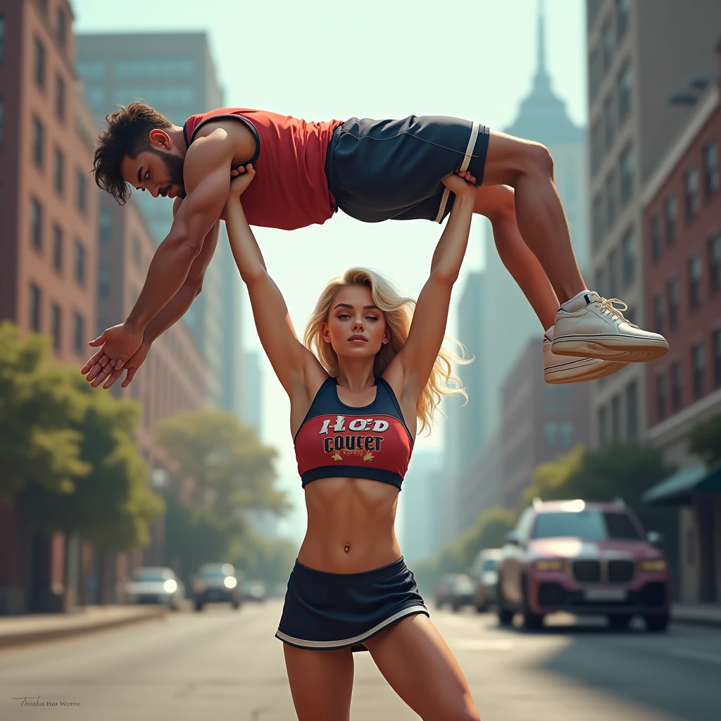 Beautiful Girl lifting a man high over her head with her strong arms. She is standing on a street with tall buildings in the background. age girl wearing cheer attire. Caucasian. Blonde.